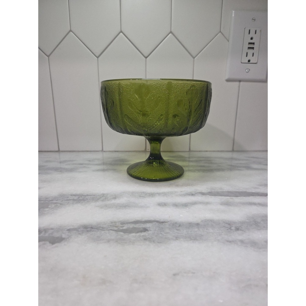 FTD Green Glass Goblet, Leaf Bowl‎ Vase, Vintage Compote, Stem Pedestal Decor